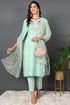 Plus Size Green Silk Blend Solid Embroidered Straight Style Suit Set